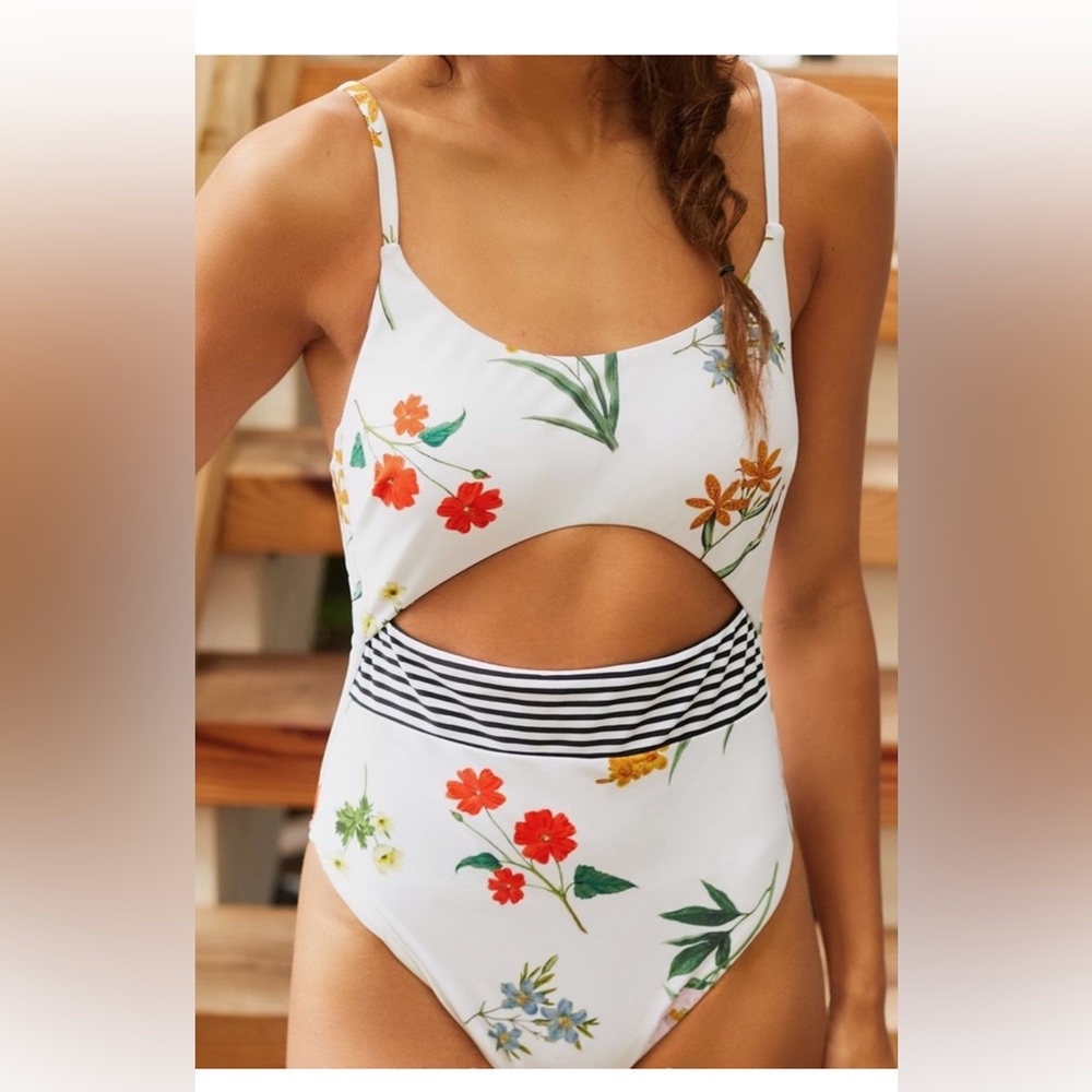 Anthropologie White Floral Cutout One-Piece Swimsuit